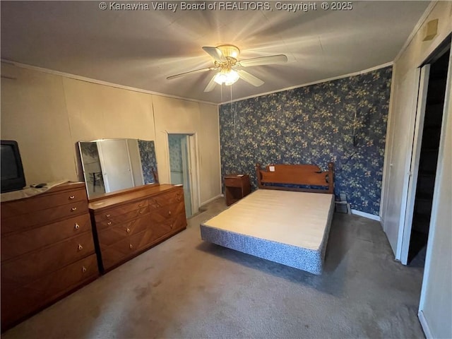 7966 Deepwater Mountain Rd, Kincaid, WV 25119 - bedroom with ornamental molding, carpet flooring, wallpapered walls, and a ceiling fan