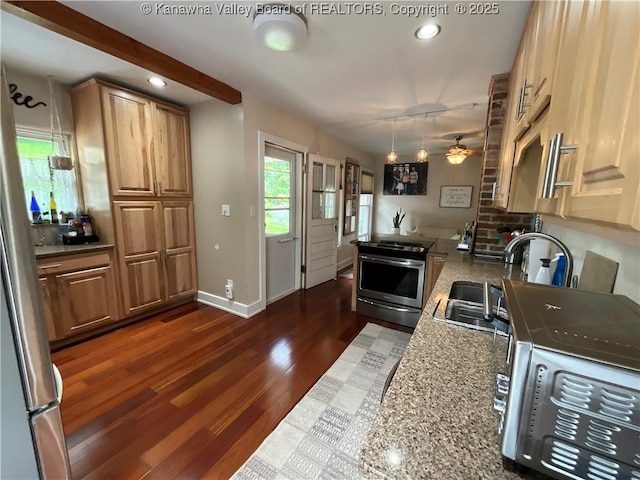 2169 N 21st St, Nitro, WV 25143 - kitchen with stainless steel appliances, recessed lighting, dark wood-style flooring, a ceiling fan, and baseboards