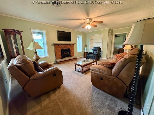 2011 Archibald Dr, Charleston, WV 25320 - living area with a textured ceiling, crown molding, ceiling fan, carpet flooring, and plenty of natural light