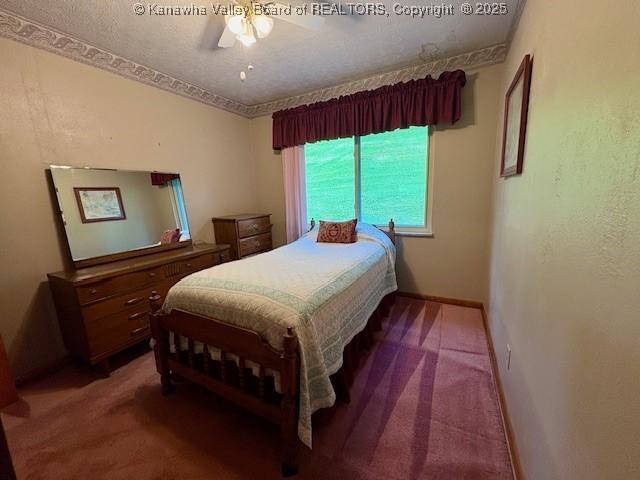 2011 Archibald Dr, Charleston, WV 25320 - bedroom featuring carpet flooring, a textured ceiling, ceiling fan, and baseboards