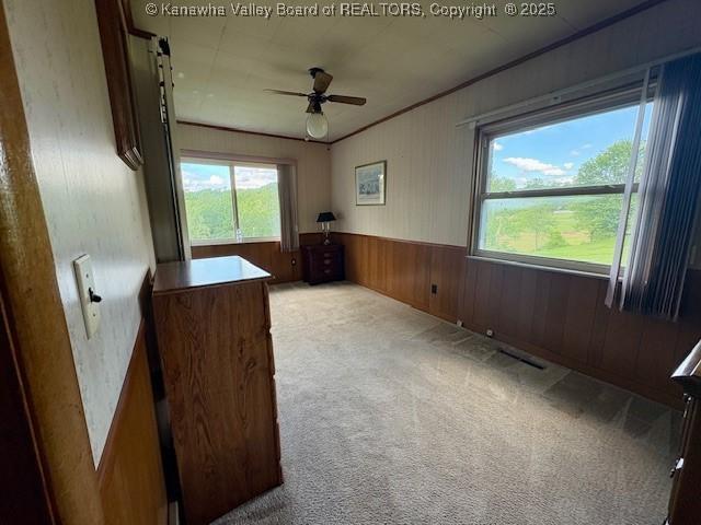 2011 Archibald Dr, Charleston, WV 25320 - empty room featuring plenty of natural light, wooden walls, a ceiling fan, carpet, and wainscoting