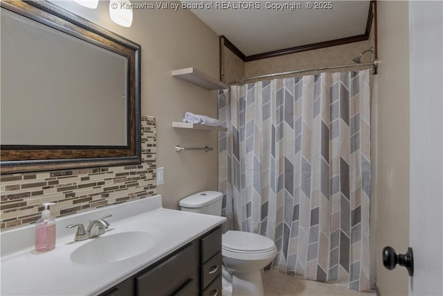 26 Banister Dr, Cross Lanes, WV 25313 - full bathroom featuring vanity, toilet, decorative backsplash, curtained shower, and tile patterned flooring