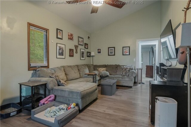 26 Banister Dr, Cross Lanes, WV 25313 - living area with ceiling fan, wood finished floors, and high vaulted ceiling