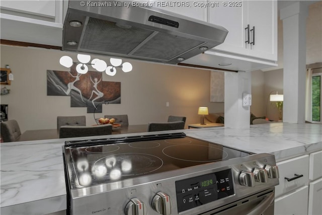 26 Banister Dr, Cross Lanes, WV 25313 - kitchen featuring range hood, electric stove, white cabinets, and light stone countertops