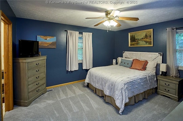 205 Autumn Dr, Dunbar, WV 25064 - bedroom featuring light colored carpet, a textured ceiling, a ceiling fan, and baseboards