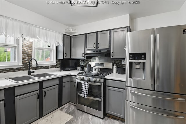 223 Easter Rd, Nitro, WV 25143 - kitchen with stainless steel appliances, a sink, gray cabinetry, decorative backsplash, and under cabinet range hood
