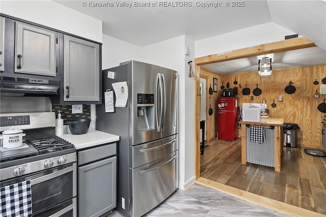 223 Easter Rd, Nitro, WV 25143 - kitchen with stainless steel appliances, under cabinet range hood, gray cabinetry, light countertops, and tasteful backsplash