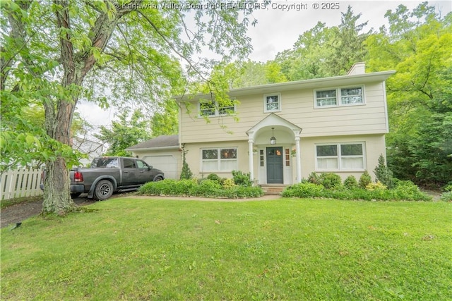 1418 Sweetbrier Rd, Charleston, WV 25314 - colonial home featuring a chimney and an attached garage