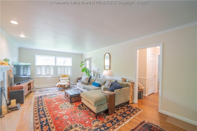 1418 Sweetbrier Rd, Charleston, WV 25314 - living room with ornamental molding, wood finished floors, baseboards, and recessed lighting