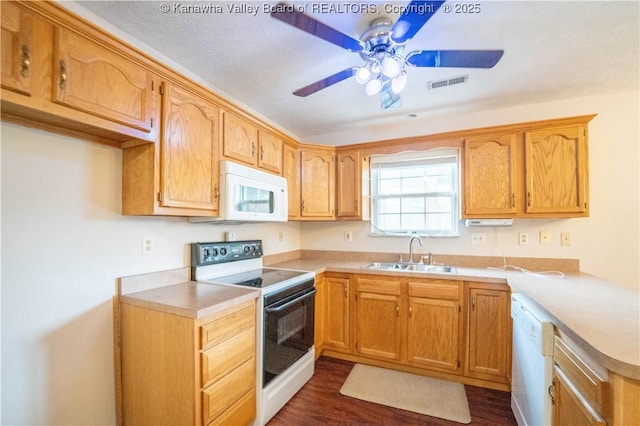 911 4th Ave, Saint Albans, WV 25177 - kitchen featuring white appliances, a sink, a ceiling fan, light countertops, and dark wood-type flooring