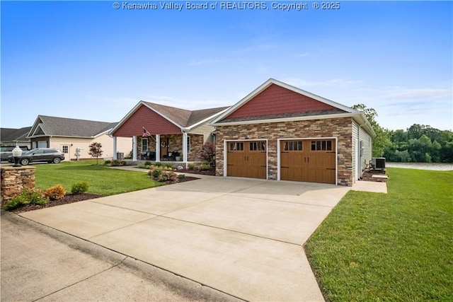 213 Rumer Sta, Red House, WV 25168 - craftsman house with a front lawn, cooling unit, stone siding, driveway, and a porch