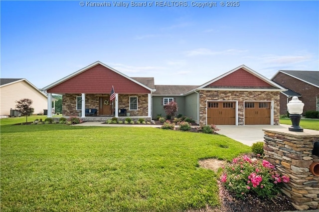 213 Rumer Sta, Red House, WV 25168 - craftsman inspired home with stone siding, a porch, a front lawn, an attached garage, and driveway