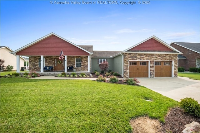 213 Rumer Sta, Red House, WV 25168 - craftsman-style home with stone siding, a porch, a front lawn, and an attached garage