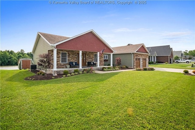 213 Rumer Sta, Red House, WV 25168 - craftsman-style home featuring central AC, a front lawn, stone siding, and a porch