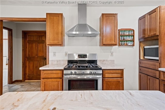 213 Rumer Sta, Red House, WV 25168 - kitchen with wall chimney exhaust hood, appliances with stainless steel finishes, and brown cabinets