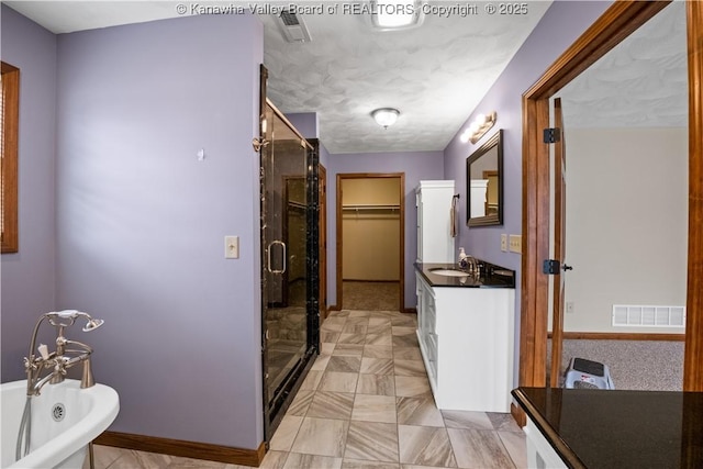 213 Rumer Sta, Red House, WV 25168 - full bathroom featuring vanity, a stall shower, a freestanding bath, baseboards, and a walk in closet