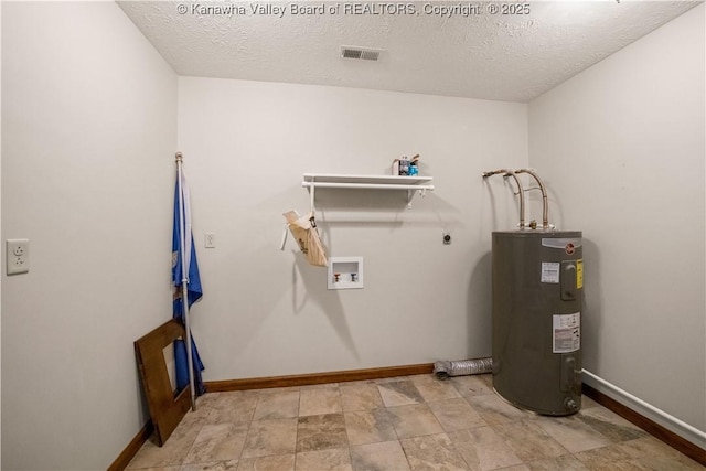 213 Rumer Sta, Red House, WV 25168 - laundry area with water heater, electric dryer hookup, baseboards, and a textured ceiling