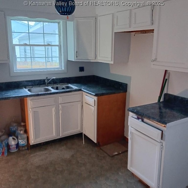 816 Hannah Dr, Charleston, WV 25387 - kitchen featuring a sink, white cabinetry, dark countertops, and dark flooring