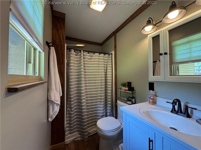 3902 Poca River Rd S, Poca, WV 25159 - full bath featuring vanity, wood finished floors, a textured ceiling, curtained shower, and ornamental molding