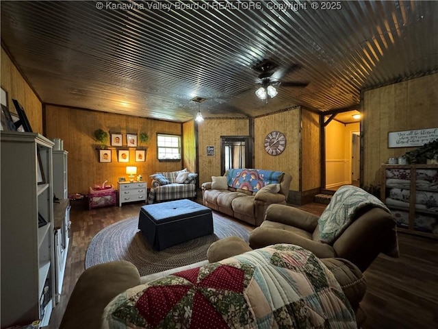 3902 Poca River Rd S, Poca, WV 25159 - living area featuring wood finished floors, ceiling fan, and wood walls