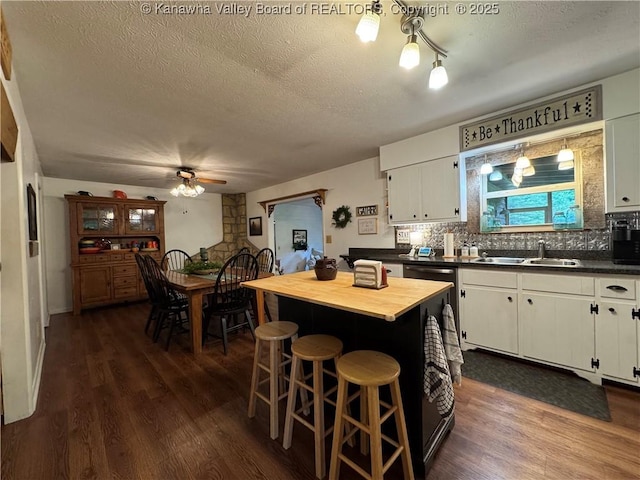 3902 Poca River Rd S, Poca, WV 25159 - kitchen featuring a ceiling fan, a textured ceiling, wood counters, dark wood-style flooring, and white cabinets