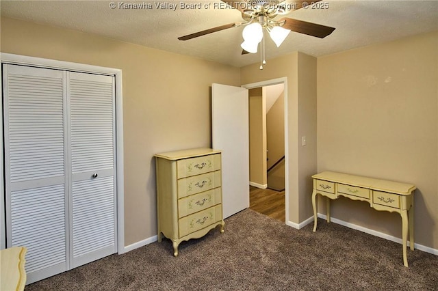 121 1st Ave, South Charleston, WV 25303 - carpeted bedroom featuring a closet, ceiling fan, a textured ceiling, and baseboards