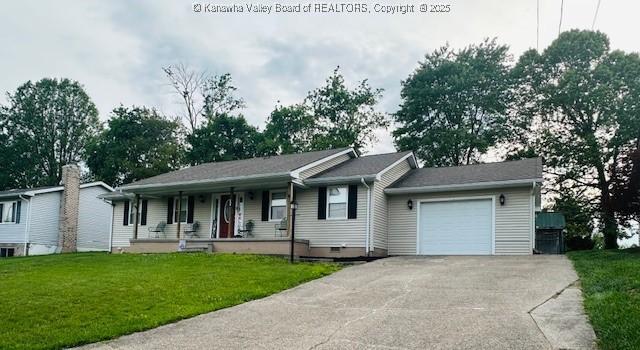 136 Timberlake Cir, Scott Depot, WV 25560 - ranch-style home with a porch, driveway, a garage, and a front lawn
