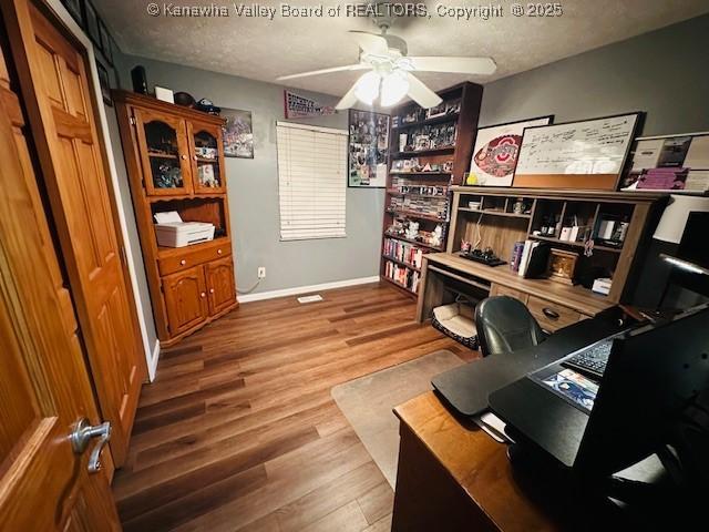 136 Timberlake Cir, Scott Depot, WV 25560 - office area featuring a ceiling fan, wood finished floors, baseboards, and a textured ceiling
