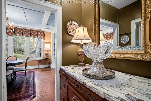 1931 Village Run Rd, White Sulphur Springs, WV 24986 - bathroom with baseboards, wood finished floors, coffered ceiling, vanity, and crown molding