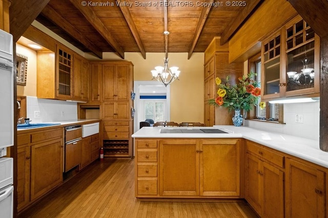 1931 Village Run Rd, White Sulphur Springs, WV 24986 - kitchen featuring wooden ceiling with exposed beams, a warming drawer, light wood-style floors, electric cooktop, and a chandelier