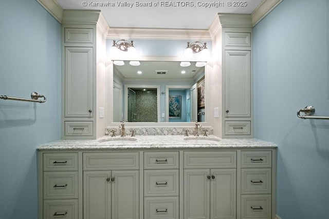 1931 Village Run Rd, White Sulphur Springs, WV 24986 - full bathroom with double vanity, ornamental molding, and a shower