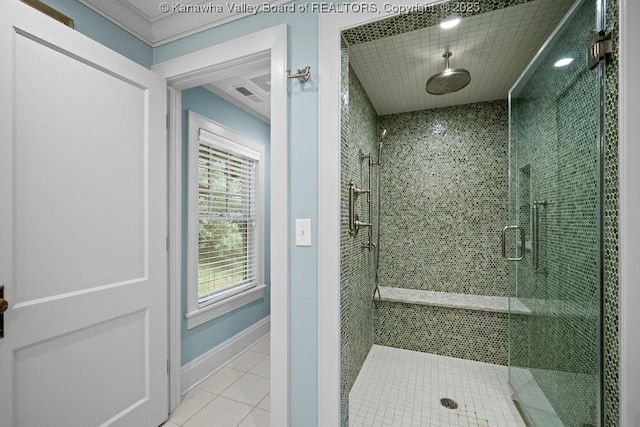 1931 Village Run Rd, White Sulphur Springs, WV 24986 - full bath with a shower stall, tile patterned flooring, baseboards, and ornamental molding