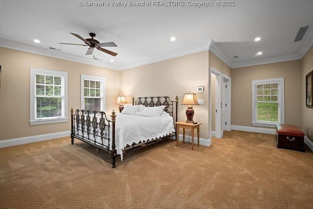 1931 Village Run Rd, White Sulphur Springs, WV 24986 - bedroom featuring light carpet, recessed lighting, multiple windows, baseboards, and crown molding
