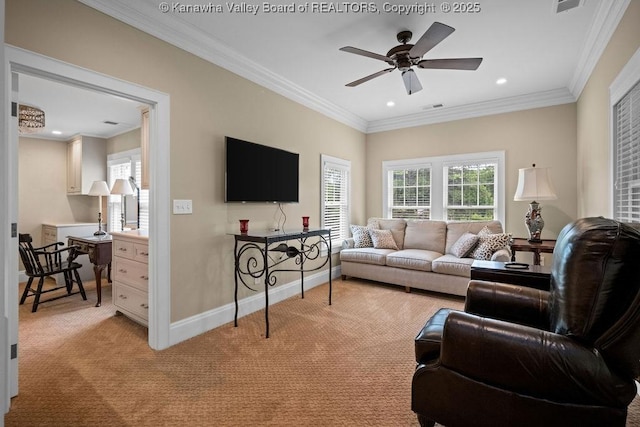 1931 Village Run Rd, White Sulphur Springs, WV 24986 - living room featuring light carpet, a ceiling fan, crown molding, baseboards, and recessed lighting