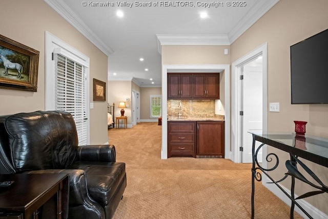 1931 Village Run Rd, White Sulphur Springs, WV 24986 - living area featuring light colored carpet, crown molding, recessed lighting, and baseboards