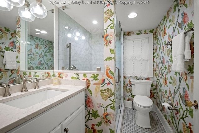 1931 Village Run Rd, White Sulphur Springs, WV 24986 - bathroom featuring vanity, a shower stall, toilet, tile patterned floors, and recessed lighting