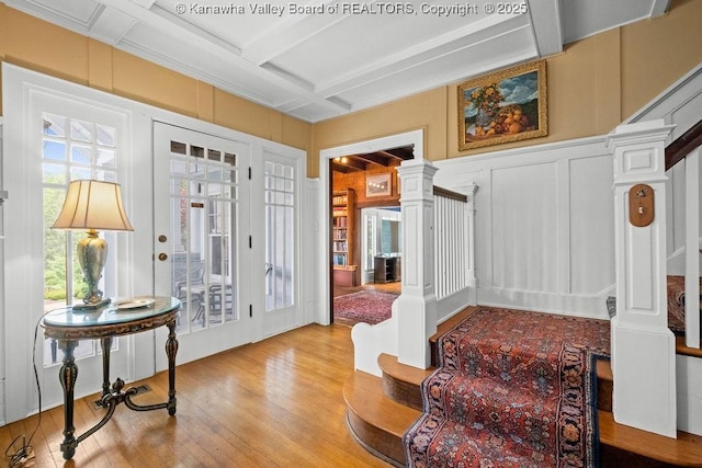 1931 Village Run Rd, White Sulphur Springs, WV 24986 - foyer entrance with a decorative wall, hardwood / wood-style floors, beamed ceiling, coffered ceiling, and stairway