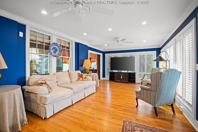 1931 Village Run Rd, White Sulphur Springs, WV 24986 - living room with ceiling fan, ornamental molding, wood finished floors, and recessed lighting