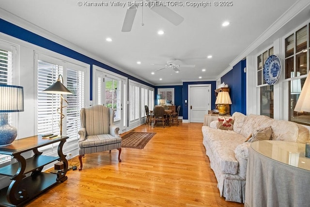 1931 Village Run Rd, White Sulphur Springs, WV 24986 - living area with ornamental molding, a ceiling fan, recessed lighting, wood finished floors, and baseboards