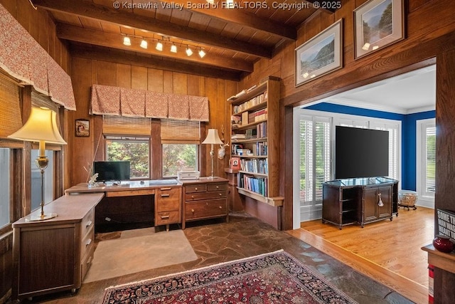 1931 Village Run Rd, White Sulphur Springs, WV 24986 - office area with wood ceiling with exposed beams, wooden walls, and wood finished floors