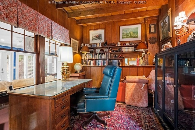 1931 Village Run Rd, White Sulphur Springs, WV 24986 - home office featuring wooden walls, built in study area, and wood ceiling with exposed beams