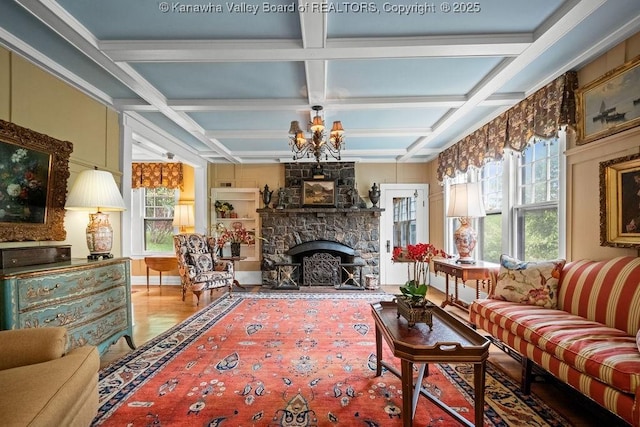 1931 Village Run Rd, White Sulphur Springs, WV 24986 - living room with a fireplace, coffered ceiling, a chandelier, beamed ceiling, and wood finished floors
