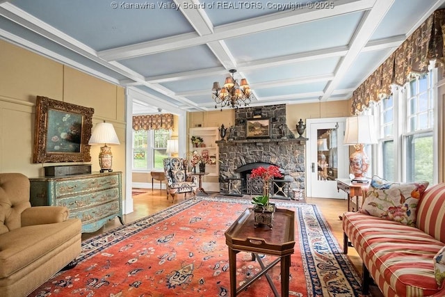 1931 Village Run Rd, White Sulphur Springs, WV 24986 - living area featuring a fireplace, coffered ceiling, a chandelier, wood finished floors, and beamed ceiling