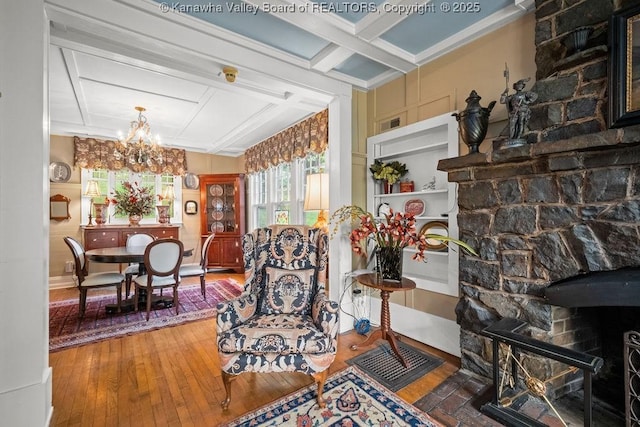 1931 Village Run Rd, White Sulphur Springs, WV 24986 - sitting room featuring coffered ceiling, hardwood / wood-style flooring, a chandelier, a fireplace, and beamed ceiling