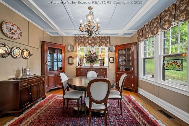 1931 Village Run Rd, White Sulphur Springs, WV 24986 - dining space with a chandelier, wood finished floors, coffered ceiling, and baseboards