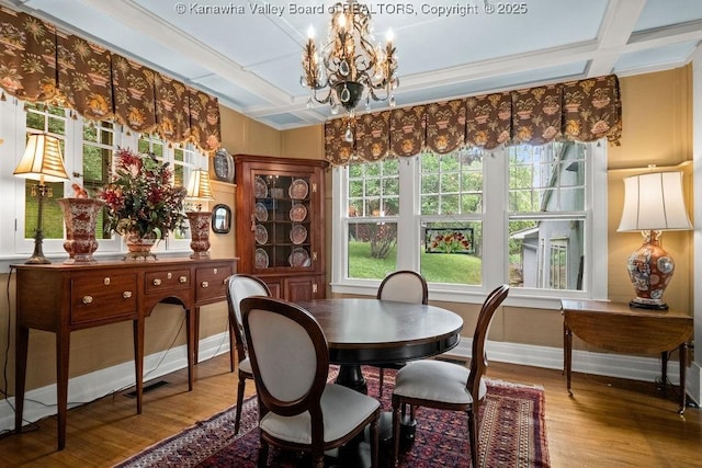 1931 Village Run Rd, White Sulphur Springs, WV 24986 - dining space with wood finished floors, a chandelier, baseboards, and coffered ceiling