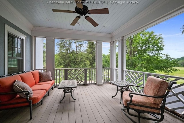 1931 Village Run Rd, White Sulphur Springs, WV 24986 - sunroom / solarium featuring a ceiling fan, an outdoor living space, and healthy amount of natural light