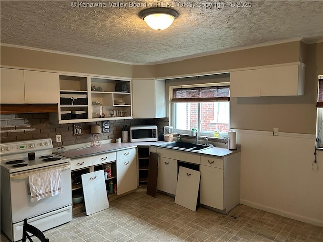 110 3rd Ave, Glasgow, WV 25086 - kitchen featuring electric stove, stainless steel microwave, a sink, open shelves, and ornamental molding