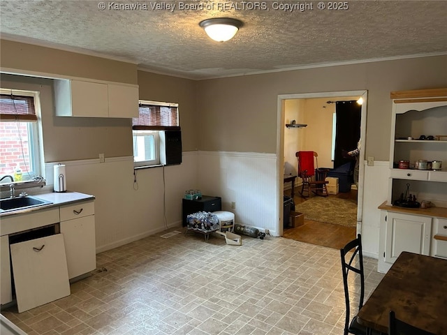 110 3rd Ave, Glasgow, WV 25086 - dining space with wainscoting, crown molding, and a textured ceiling