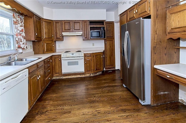 4302 Virginia Ave, Charleston, WV 25304 - kitchen featuring appliances with stainless steel finishes, under cabinet range hood, a sink, open shelves, and dark wood-style floors